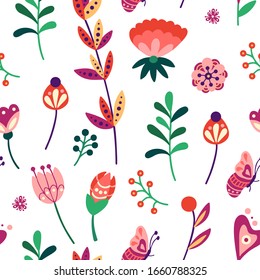 Floral seamless pattern. Holiday background with eggs, flowers and leaves. Vector illustration.