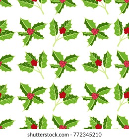 Floral seamless pattern with holly. Winter background, decorative wrapper, texture, textile.