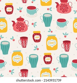 Floral seamless pattern with honey, jam, tea, cup, teapot, berries on white background. Perfect for spring and summer greetings, wallpaper, wrapping paper, fabric. Vector illustration