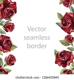 Floral seamless pattern, horizontal border. Rose flower print. Red roses vector illustration.