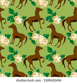 Floral seamless pattern with horse and pretty roses.  Horse vector print pattern.  Animal  cute romantic pattern design