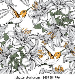 Floral Seamless pattern. Hummingbird and a Lily flowers. Textile composition, hand drawn style print. Vector illustration.