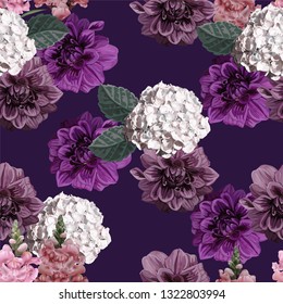 Floral seamless pattern. Hydrangea and chrysanthemum flower vector illustration