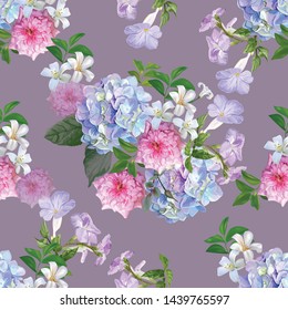 Floral seamless pattern with hydrangea ,rose and purple trumpet vine - Vector illustration