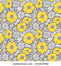 Floral seamless pattern. Illuminating yellow flowers and white  leaves on utimate gray background. Vector illustration.