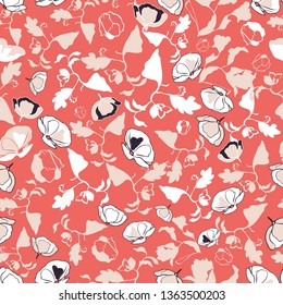 Floral seamless pattern. Illustration of abstract leaves, flowers, poppies and plants in coral, beige, cream and black.