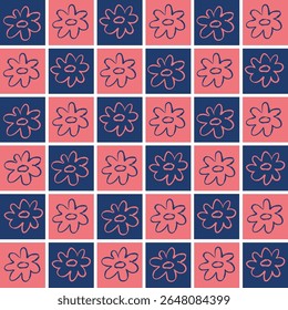 Floral seamless pattern illustration. Checkered pattern with blue and pink color block
