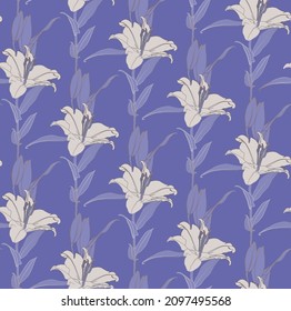 Floral seamless pattern of ily flowers in white and lilac color with bronze outline. Decorative print for wallpaper, wrapping, textile, fashion fabric or other printable covers.