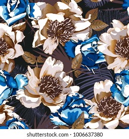 Floral Seamless pattern with image of a bronze peony and blue rose flowers on a black background. Vector illustration.