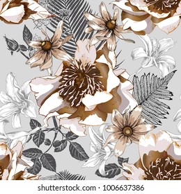 Blühendes Nahtloses Muster mit Bild einer Bronzebauponie und Heliopseblumen und Farnblättern auf grauem Hintergrund. Vektorgrafik.