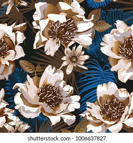 Floral Seamless pattern with image of a bronze peony and heliopsis flowers and blue fern leaves on a black background. Vector illustration.