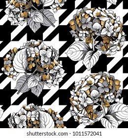 Floral seamless pattern with image of a gold Hydrangea flowers and leaves on a black and white geometry Houndstooth background. Vector illustration. 