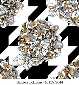 Floral seamless pattern with image of a gold Hydrangea flowers and leaves on a black and white geometry Houndstooth background. Vector illustration. 