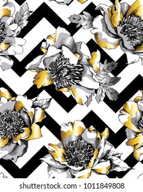 Floral seamless pattern with image of a gold and silver Peony flowers and leaves on a black and white geometric zig zag background. Vector illustration.