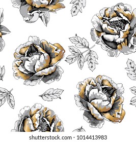 Floral Seamless pattern with image of a gold Peony flowers and leaves on a white background. Vector illustration.