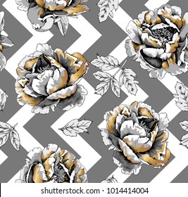 Floral Seamless pattern with image of a gold Peony flowers and leaves on a gray geometry background. Vector illustration.