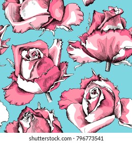 Floral seamless pattern with image of a pink rose buds on a light blue-green color background. Vector illustration..