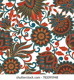 Floral seamless pattern with indian ornament. Vector illustration in asian textile style 
