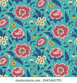 Florales nahtloses Muster mit indischen nachlaufenden Blumen-Motiven. Persischer Boho Chic Repeat Hintergrund. In: Tribal Textile Print.