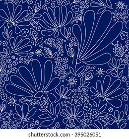 Floral seamless pattern, indigo, graphic, flowers, leaves, stones, beetle, buds, petals, hand drawn, vector.