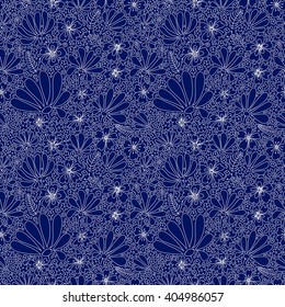 Floral seamless pattern, indigo, graphic, flowers, leaves, stones, beetle, buds, petals, hand drawn, vector.