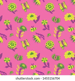 Floral seamless pattern with insects. Background of abstract flowers and leaves, butterfly and bee.Vector illustration in decorative flat style. Background for spring and summer seasonal designs