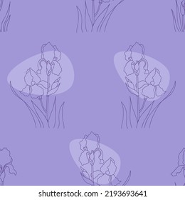 Floral seamless pattern with iris flower on purple background. Linear hand drawn of iris flower. Vector illustration. Botanical pattern for decor, design, packaging, print, textile, digital paper