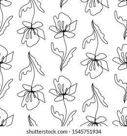 Floral seamless pattern with iris flowers, endless texture with ink sketch art. Vector illustration for wedding invitations, wallpaper, textile, wrapping paper