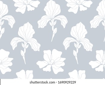 Floral seamless pattern with iris flowers, endless texture with ink sketch art. Vector illustration for wedding invitations, wallpaper, textile, wrapping paper