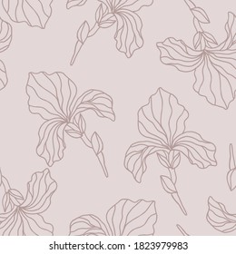 Floral seamless pattern with iris flowers, endless texture, ink sketch art. Vector illustration for wedding invitations, wallpaper, textile, wrapping paper
