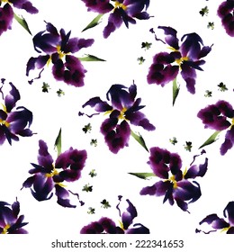 Floral seamless pattern iris flowers and insects, watercolor, ink, traditional oriental technique.