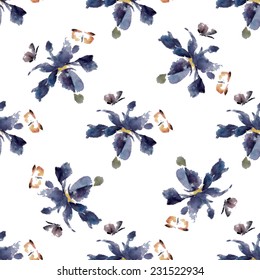 Floral seamless pattern iris flowers and insects, watercolor, ink, traditional oriental technique. 