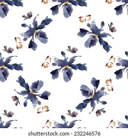 Floral seamless pattern iris flowers and insects, watercolor, ink, traditional oriental technique. 