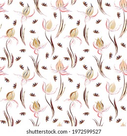 Floral seamless pattern of irises and dandelion seeds. Irises painted imitation of oil paint. Creative execution of floral ornament. Brown pink flowers on a white background.