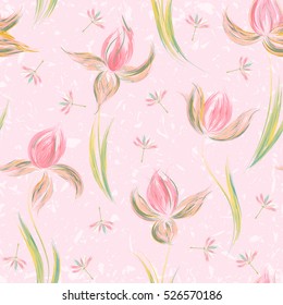 Floral seamless pattern of irises and dandelion seeds. Imitation of oil paint. Creative execution of floral ornament. Pink flowers on a delicate background. 