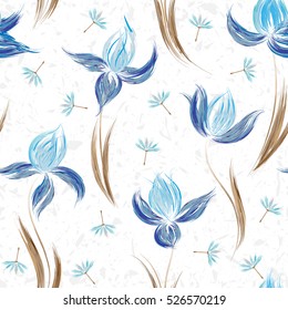 Floral seamless pattern of irises and dandelion seeds. Irises painted imitation of oil paint. Creative execution of floral ornament. Blue flowers on a white background. 