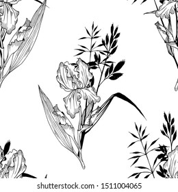 Floral seamless pattern with irises and grass. Line Art. Hand drawn sketch style. Black and white vector illustration. White background