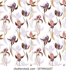 Floral seamless pattern of irises. Irises painted imitation of oil paint. Creative execution of floral ornament. Brown lilac flowers on a white background.