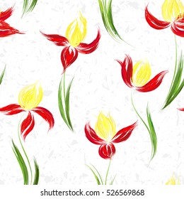 Floral seamless pattern of irises. Irises painted imitation of oil paint. Creative execution of floral ornament. Red yellow flowers on a white background.