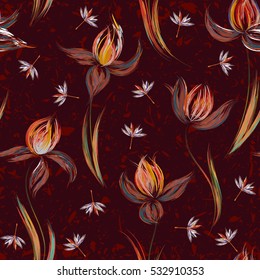 Floral seamless pattern of irises. Irises painted imitation of oil paint. Creative execution of floral ornament. Orange flowers on a vinous background.