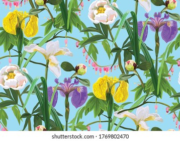 
Floral seamless pattern with irises and peonies. Vector stock illustration. Floral background