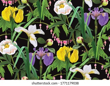 
Floral seamless pattern with irises and peonies. Vector stock illustration. Floral background