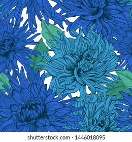 Floral seamless pattern with isolated blue hand drawn flowers and leaves in sketch style. Line art big flowers design for cards, prints. Beautiful dahlias.