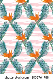 Floral seamless pattern. Isolated colorful hand drawn tropical flowers and leaves on pink strip background. Design for invitation, prints and cards. Vector illustration.