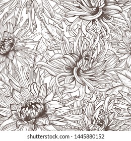 Floral seamless pattern with isolated hand drawn flowers and leaves in sketch style. Line art big flowers design for cards, prints. Beautiful dahlias.