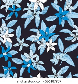 Floral seamless pattern of isolated hand drawn blue flowers in sketch style on black background. Vector illustration. 