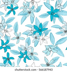 Floral seamless pattern of isolated hand drawn blue flowers in sketch style. Vector illustration. 
