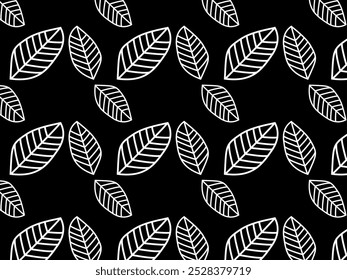 Floral seamless pattern isolated on black background. Leaf drawing. Doodle leaf. Monotone theme.

