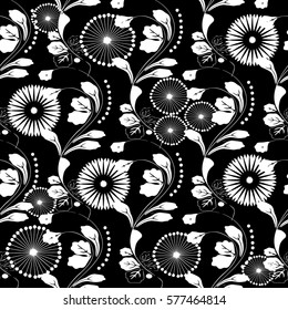 Floral  seamless pattern. Isolated white flowers, swirl leaves and vintage ornaments. Black flowery background. Flourish wallpaper. Luxury modern vector  texture for fabric, textile.