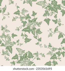 Floral seamless pattern with ivy branches. Classic background with plants. Vector plant illustration. Green. Engraving style